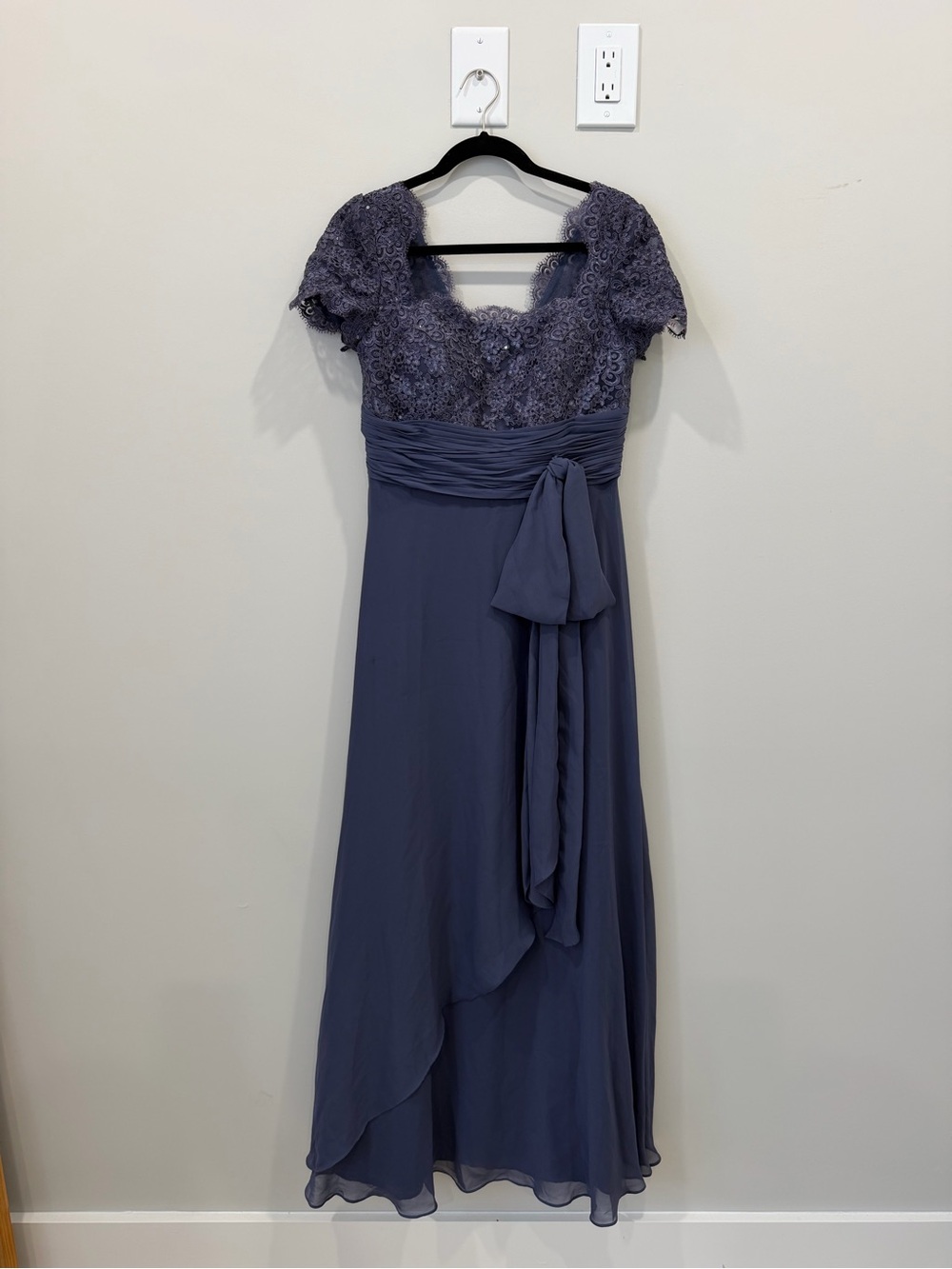 JJs House Lace Bodice Chiffon Gown in Slate Blue